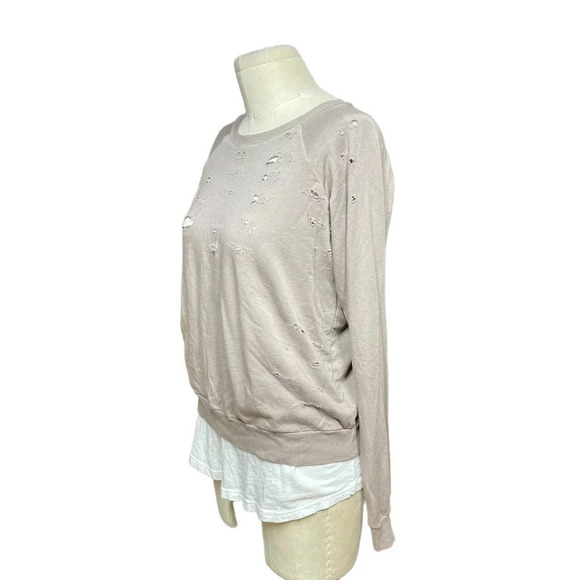 Monrow Distressed Double Layer Sweatshirt Fawn White Size Medium - Picture 5 of 11